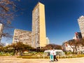 People walking in front of the JK Building in Raul Soares Square in Belo Horizonte, Brazil