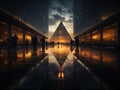 people walking in front of a pyramid at sunset Royalty Free Stock Photo