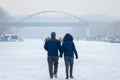 People walking on the frozen river Tamis in Pancevo, Serbia due to an exceptionally cold weather over the Balkans