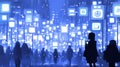 People walking through futuristic city using brain computer interface