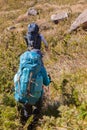 People walking with great backpacks in mountain landscape - trekking hiking mountaneering in mantiqueira range Brazil Royalty Free Stock Photo