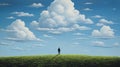 Realistic Surreal Painting Of A Person In A Field With Clouds