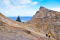 People walking on a hiking trail in Ponta de Sao Lourenco, Madeira, Portugal. Peninsula, easternmost point of the Portuguese