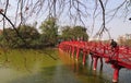 People walking on The Huc bridge in Hanoi, Vietnam Royalty Free Stock Photo