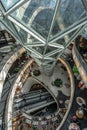 People walking inside Myzeil shopping mall. Futuristic architecture Myzeil shoping center. Frankfurt