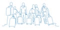 People walking with luggage continuous one line vector drawing. Tourists in airport hand drawn characters. Female and