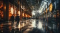 People walking, motion blur, in office business corporation in sunset.