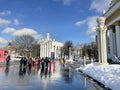 Moscow, Russia, February, 20, 2024. People walking near Pavilion No. 68 \
