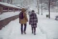 People walking on New York City Manhattan street during strong snow storm blizzard and cold weather Royalty Free Stock Photo