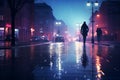 People walking at night rain street. Generative AI Royalty Free Stock Photo