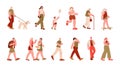People walking. Outdoor walk characters, man woman run and go. Adult and seniors, student and kid. Person with dog