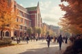 People walking in a park in London., A busy university campus with students walking around, AI Generated