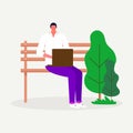 People walking in the park, man sitting on the bench with laptop, Young freelancer working Leisure and outdoor activity Royalty Free Stock Photo