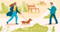 People walking in the park with pets, characters save distance on street. Flat Cartoon illustration