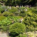 People walking on the path down to the sunken garden at Butchart botanical gardens.