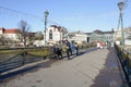 People walking the Pedestrian bridge, center of Uzhgorod, Ukraine