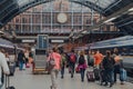 People walking on the platform arrived to St. Pancras Station on Eurostar, London, UK