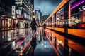 people walking in the rain on a city street at night Royalty Free Stock Photo