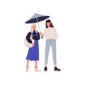 People walking in rainy weather. Happy friends hiding under umbrella from rain. Girl offers help, holding parasol. Teens