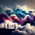 People walking on the road, colorful creative cloud above, future vision, positive optimistic thinking, state of mind