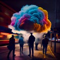 People walking on the road at night, colorful creative cloud above, future vision, positive optimistic thinking, state of mind