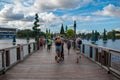 People walking on Seven Seas lake bridge at Seaworld 2 Royalty Free Stock Photo