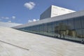 People walking by the side wall of the National Oslo Opera House building and enjoy panoramic views of city. Norway