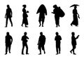 People walking silhouette vector, Women use smartphones and hold an umbrella, Man wearing a hat