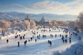 People walking and skating on Christmas ice rink. Winter season
