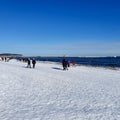 People are walking on a snow-covered beach in Sopot on a beautiful sunny day
