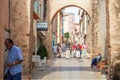 People walking in street, Architecture of Saint Tropez city in French Riviera, France