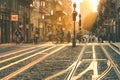 People walking on street with tramway during the sunset in Bordeaux