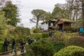 people walking and taking pictures with lush green trees, grass and plants in the Japanese Tea Garden at Golden Gate Park Royalty Free Stock Photo