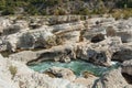 People walking with their dogs along the bank of the river Ceze at Cascades Du Sautadet in France...