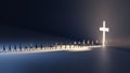 People Walking Towards a Huge Cross Passage - conceptual religious 3d illustration