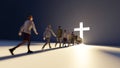 People Walking Towards a Huge Cross Passage - conceptual religious 3d illustration
