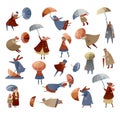 People walking with umbrellas in windy rainy day set cartoon vector illustration Royalty Free Stock Photo