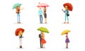 People Walking under Umbrellas Set, Cheerful People and Loving Couples Spending Time on Nature Cartoon Vector Royalty Free Stock Photo