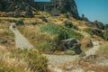 People walking up a path covered by bushes near Monsanto Royalty Free Stock Photo