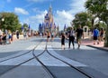 People walking up to Cinderella`s Castle in the Magic Kingdom at  Walt Disney World Resorts in Orlando, FL Royalty Free Stock Photo