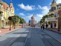 People walking up to Cinderella`s Castle in the Magic Kingdom at  Walt Disney World Resorts in Orlando, FL Royalty Free Stock Photo