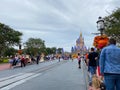 People walking up to Cinderella`s Castle in the Magic Kingdom at  Walt Disney World Resorts in Orlando, FL Royalty Free Stock Photo