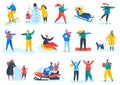 People in warm clothes doing winter outdoor activities in park. Characters snowboarding, building snowman, ice skating Royalty Free Stock Photo