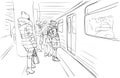 People in warm winter clothes, coats and hats are standing on metro platform waiting for train open doors. City sketch