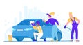 People wash car vector illustration, cartoon flat woman man washer characters cleaning dirty automobile, washing auto