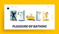 People Washing and Have Fun Landing Page Template. Happy Characters Take Shower in Bathroom and Sing