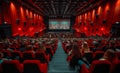 People watch movie in cinema with red chairs and screen Royalty Free Stock Photo