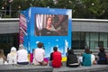 People watch movie at the street near South Bank. Summer festival in London