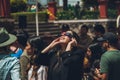 People watching the annular solar eclipse in Mexico with special observation glasses