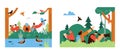 People watching birds in the forest, set of landscapes - flat vector illustration. Royalty Free Stock Photo